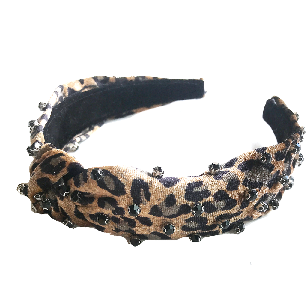 Jewel Headband- Leopard Velvet with Black Gems