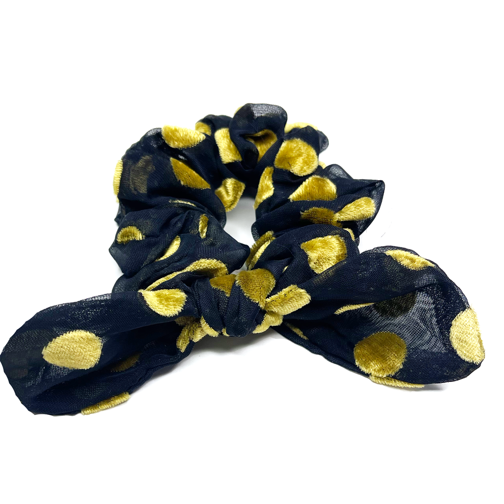Rabbit Ear Scrunchie- Black with Gold Dots