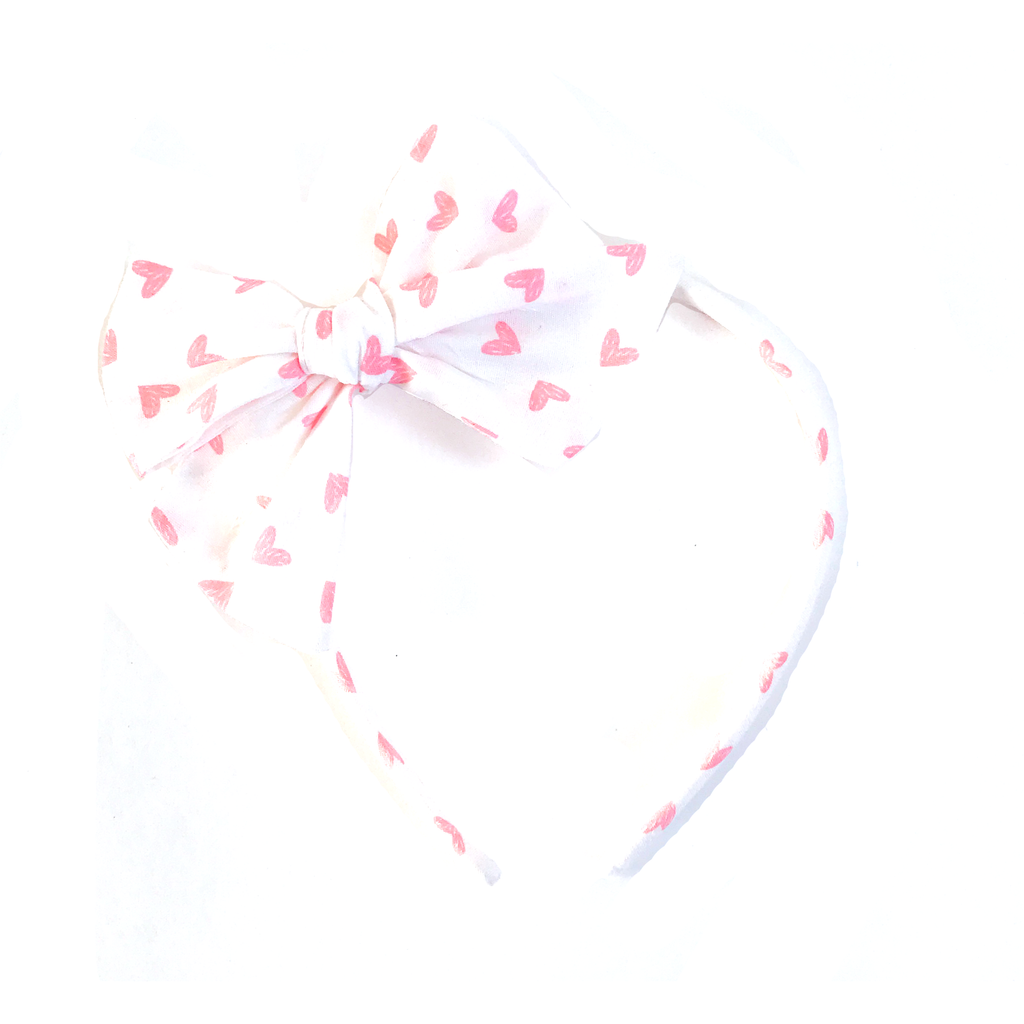 Collette Headband- Pink Hearts on White