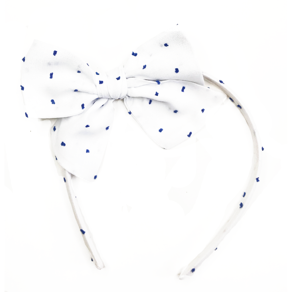 Collette Headband- Royal Blue Swiss Dots on White