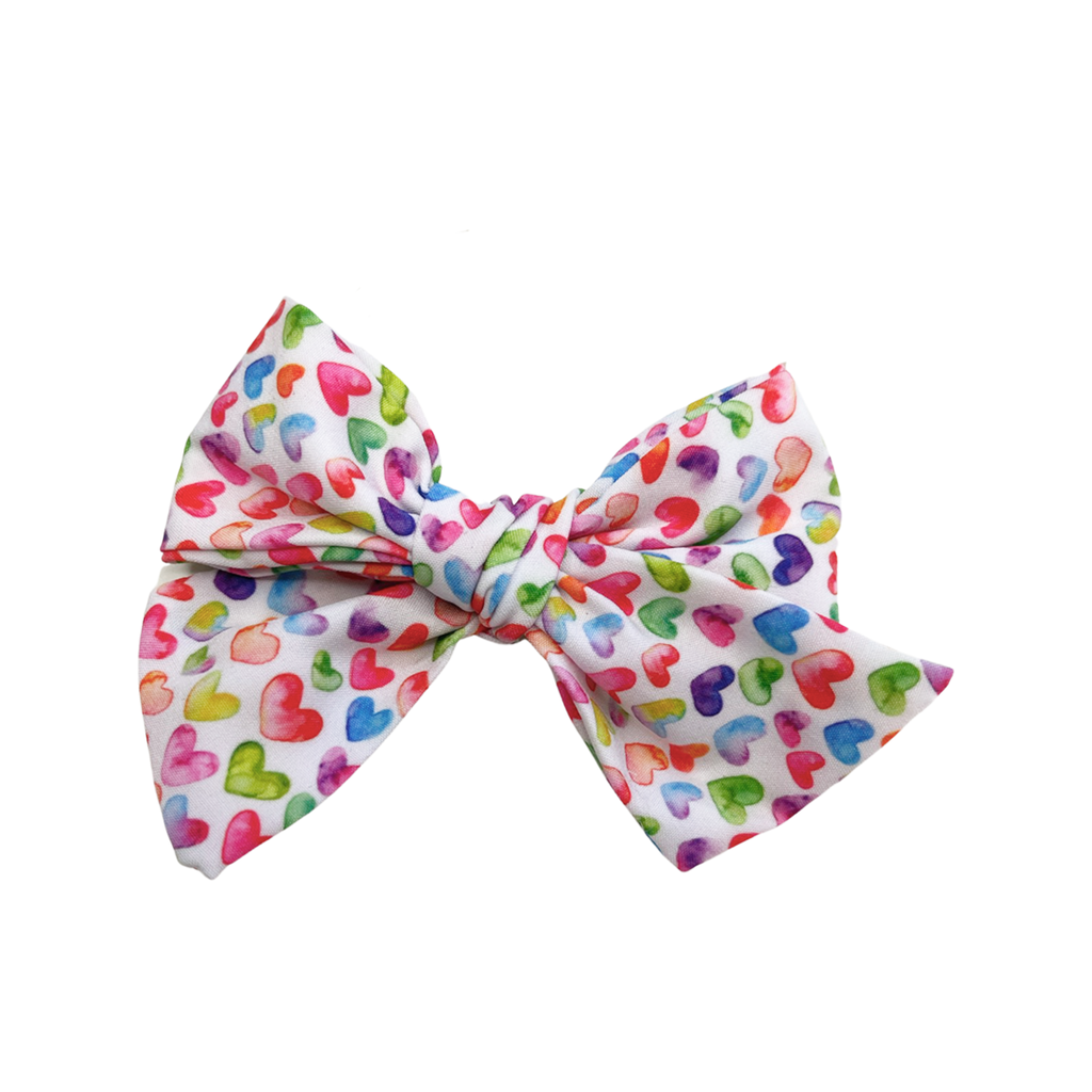 Hand Tied Bow - Colorful Watercolor Hearts on White