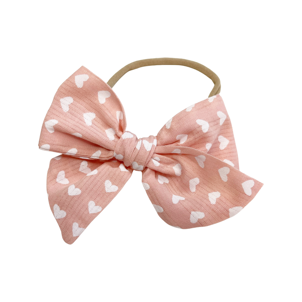 Hand Tied Bow - Light Pink with White Hearts