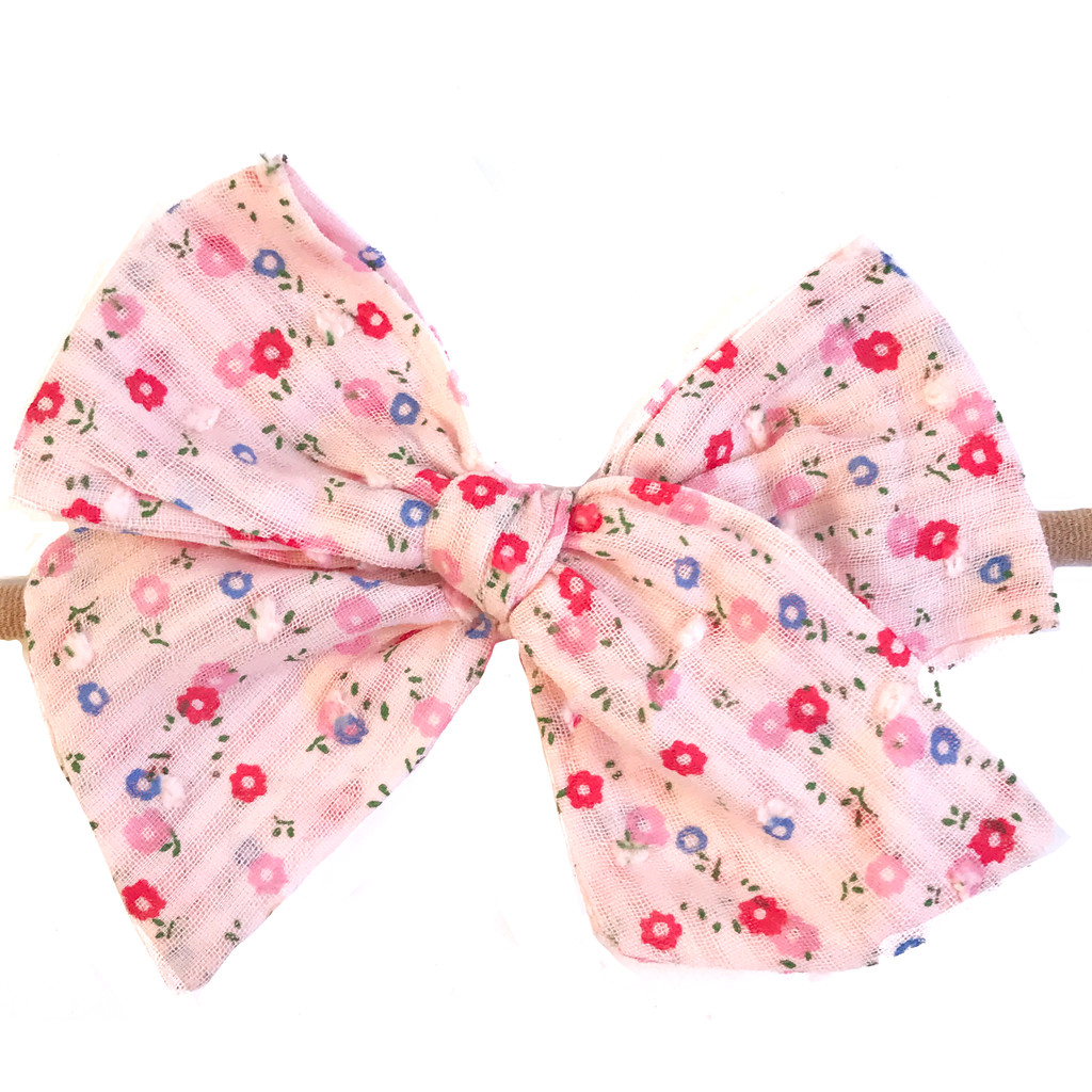 Hand Tied Bow - Pale Pink Swiss Dot Floral