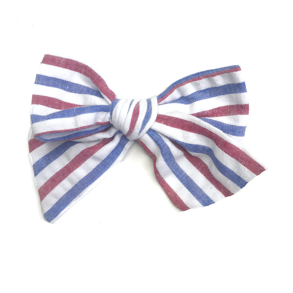 Hand Tied Bow - Red, White and Blue Seersucker
