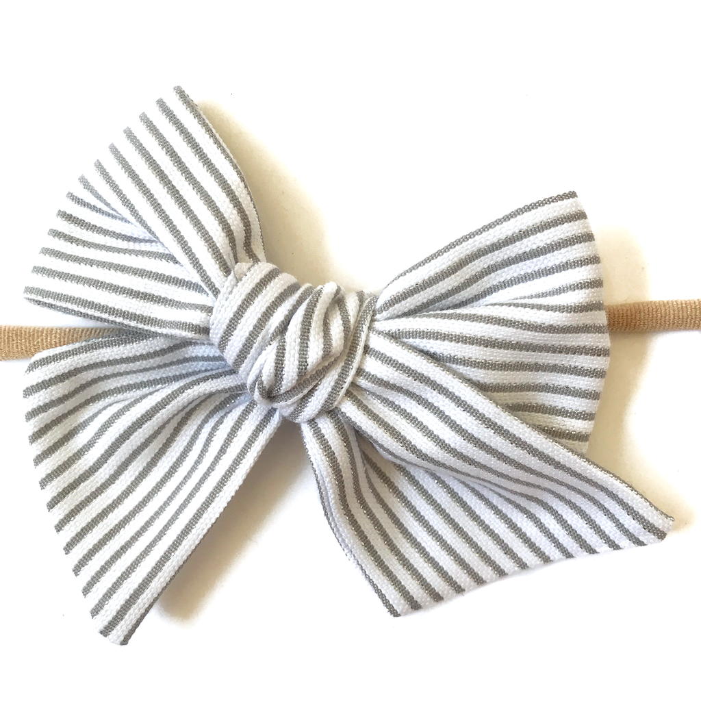 Hand-Tied Bow -Silver and White Stripe