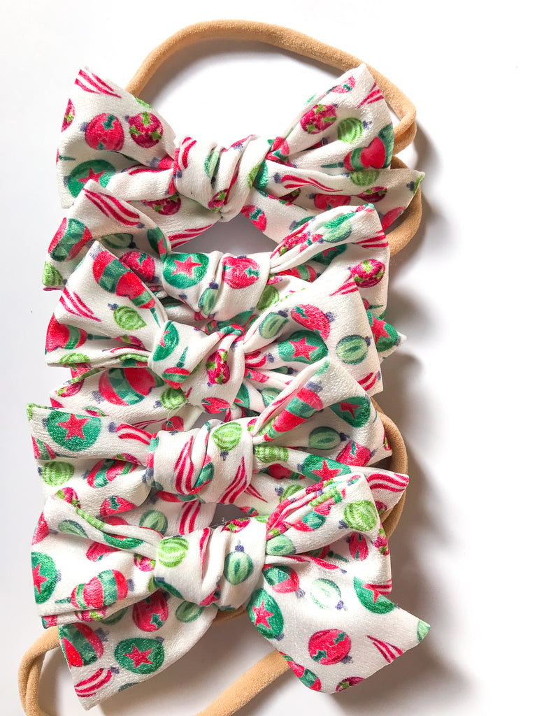 Hand Tied Headband- Red and Green Ornaments