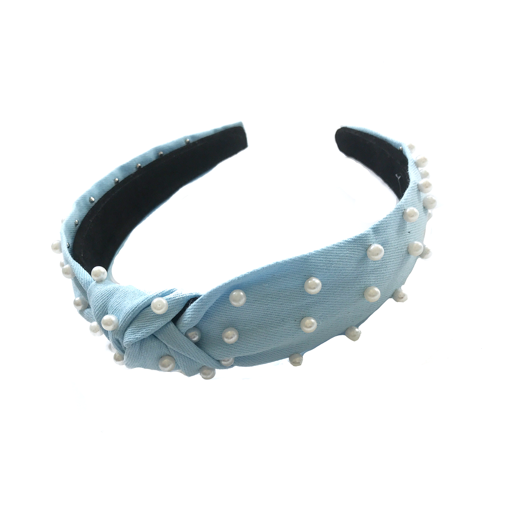 Jewel Headband- Light Chambray with Pearls