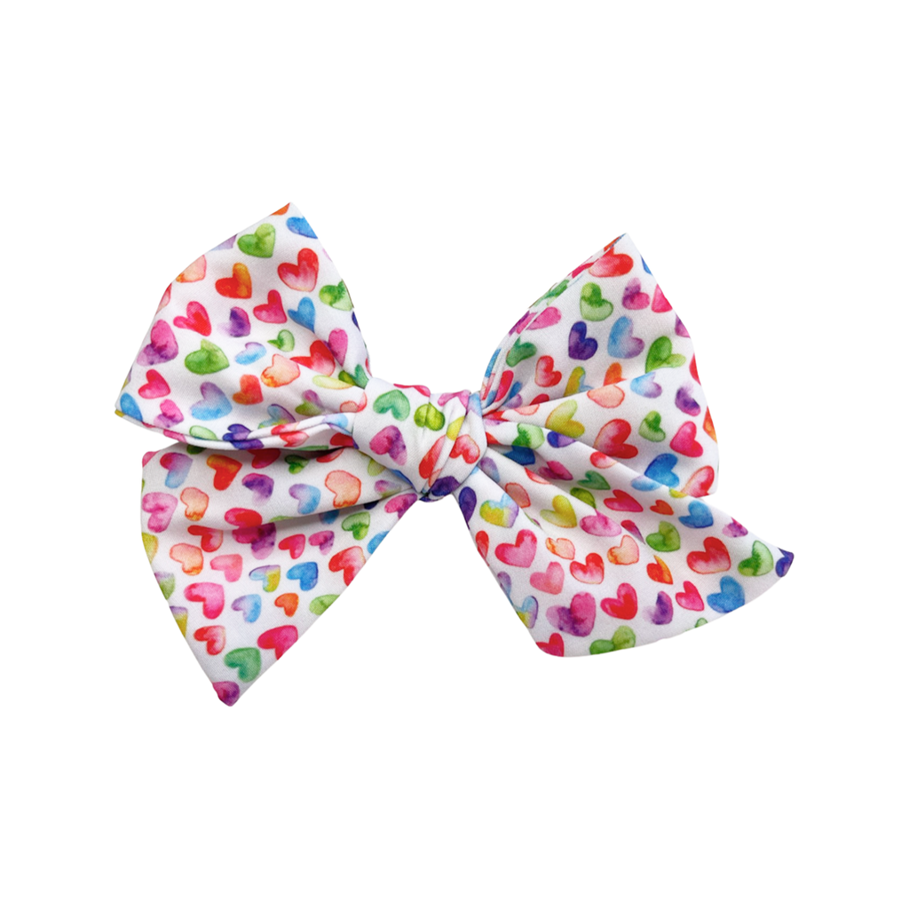 Oversized Hand Tied Bow- Colorful Watercolor Hearts on White