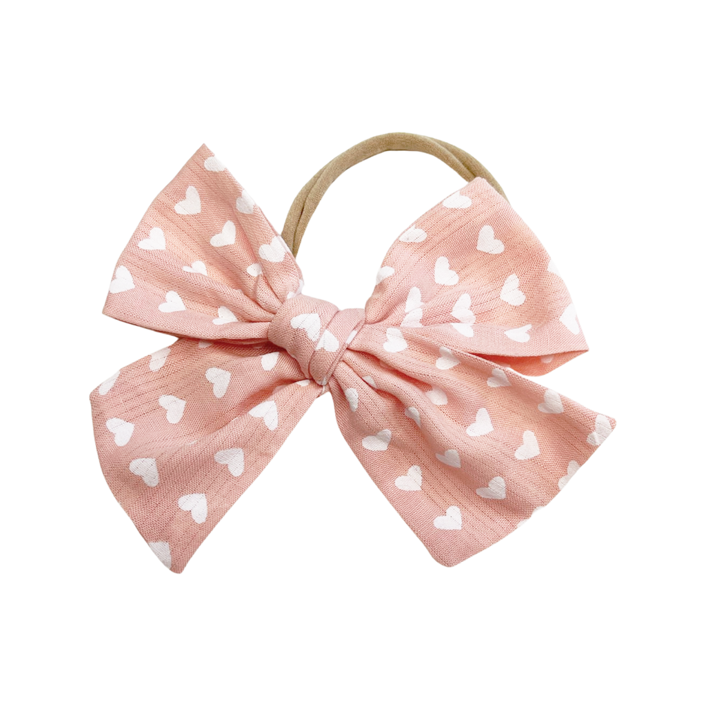 Oversized Hand Tied Bow- Light Pink with White Hearts