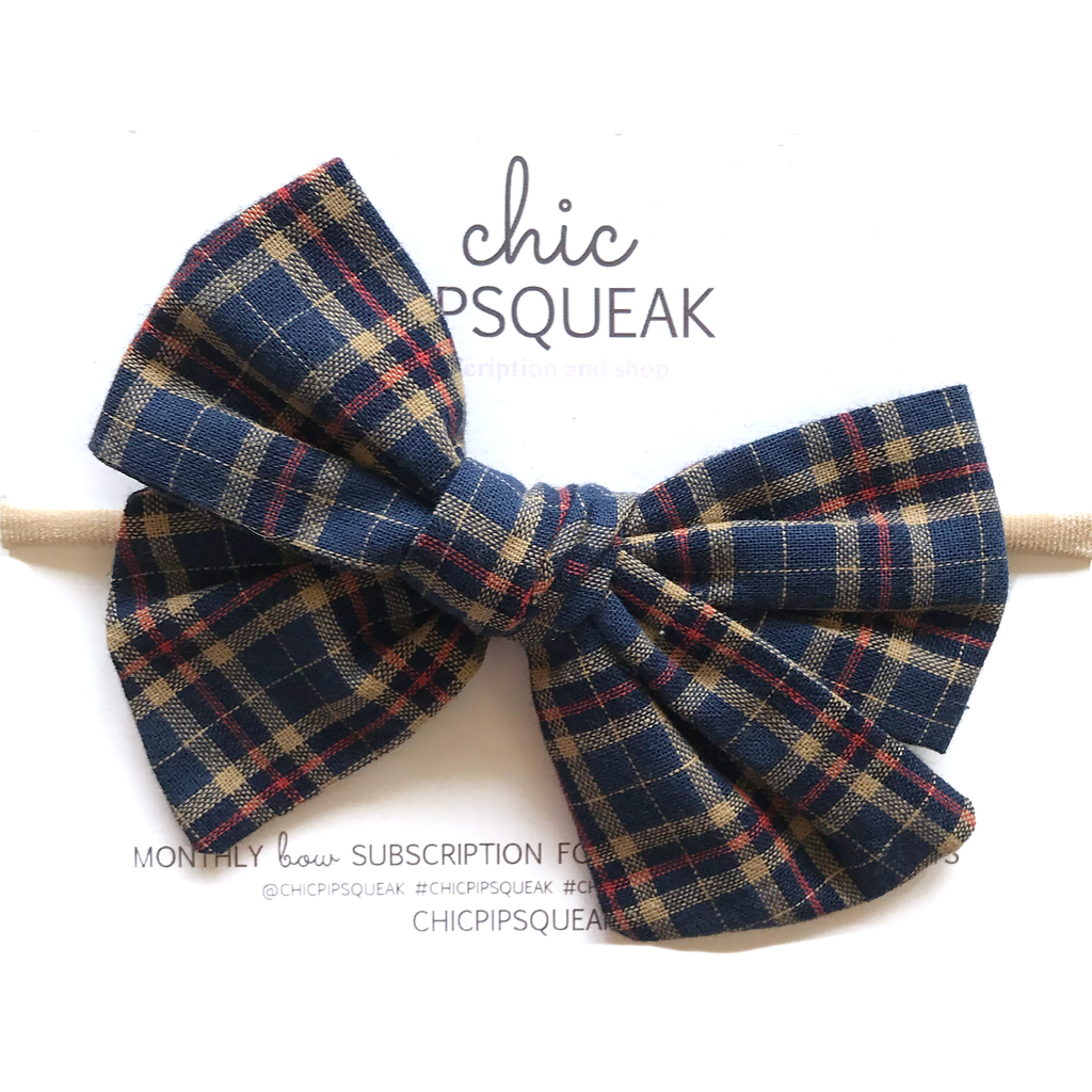 Oversized Hand Tied Bow- Navy Plaid