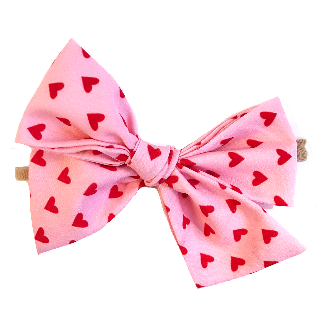 Oversized Hand Tied Bow- Red Hearts on Pink