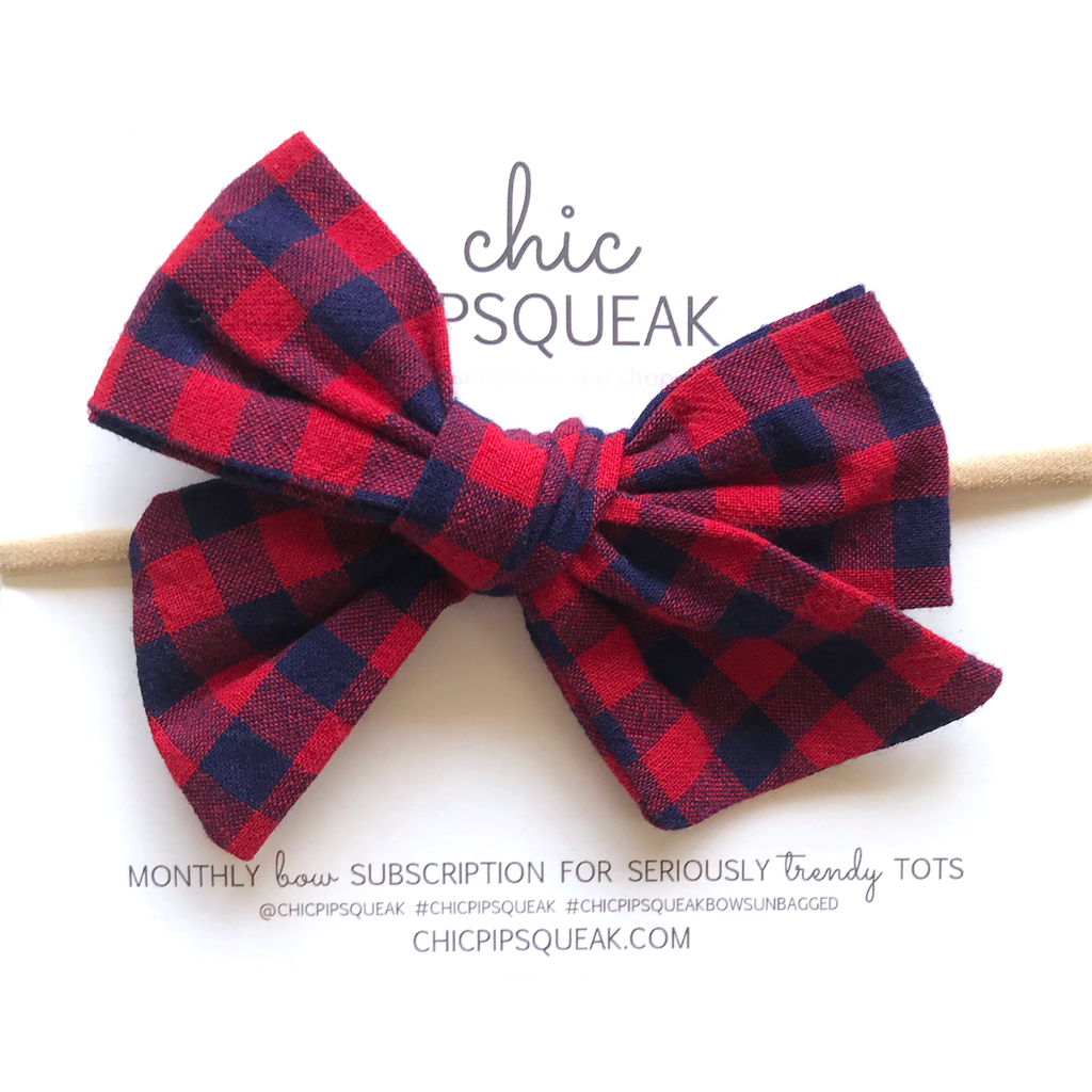Oversized Hand Tied Bow- Red and Navy Buffalo