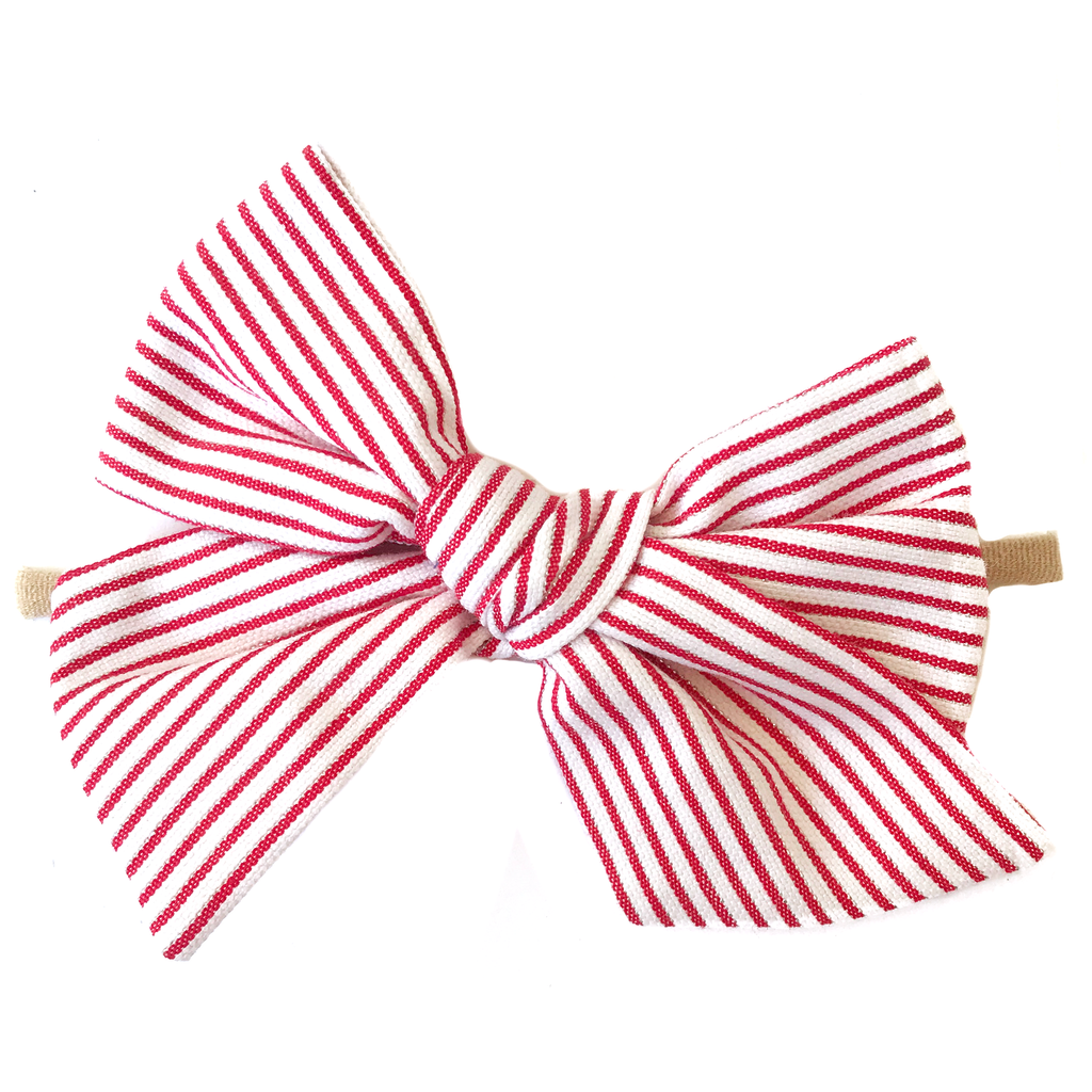 Oversized Hand Tied Bow- Red, Silver and White Stripe