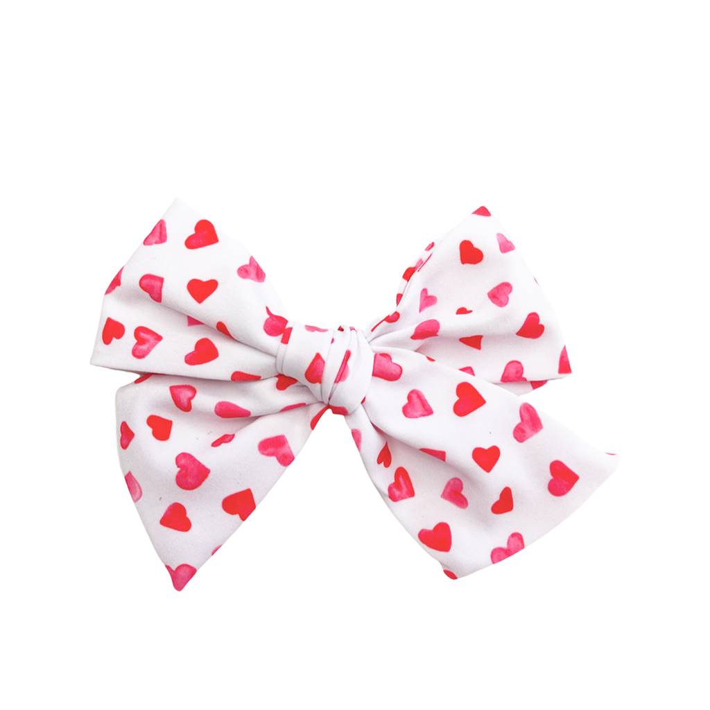 Oversized Hand Tied Bow- Red Watercolor Hearts on White