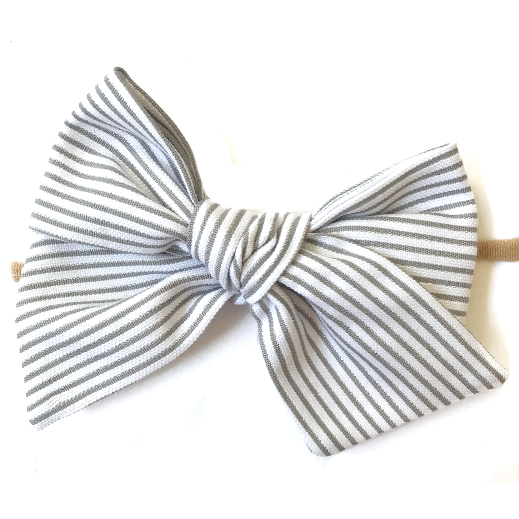 Oversized Hand Tied Bow- Silver and White Stripe