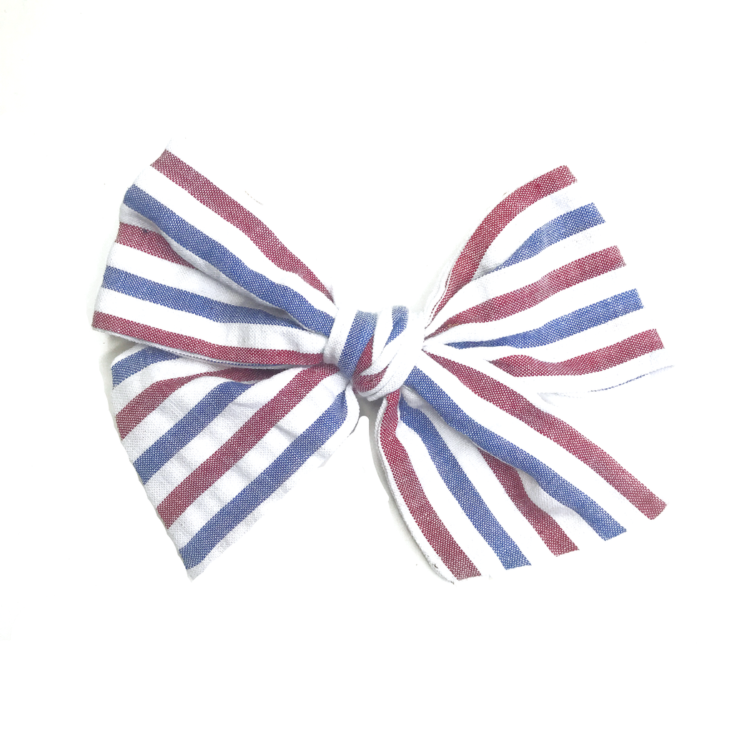 Oversized Hand Tied Bow- Red, White and Blue Seersucker