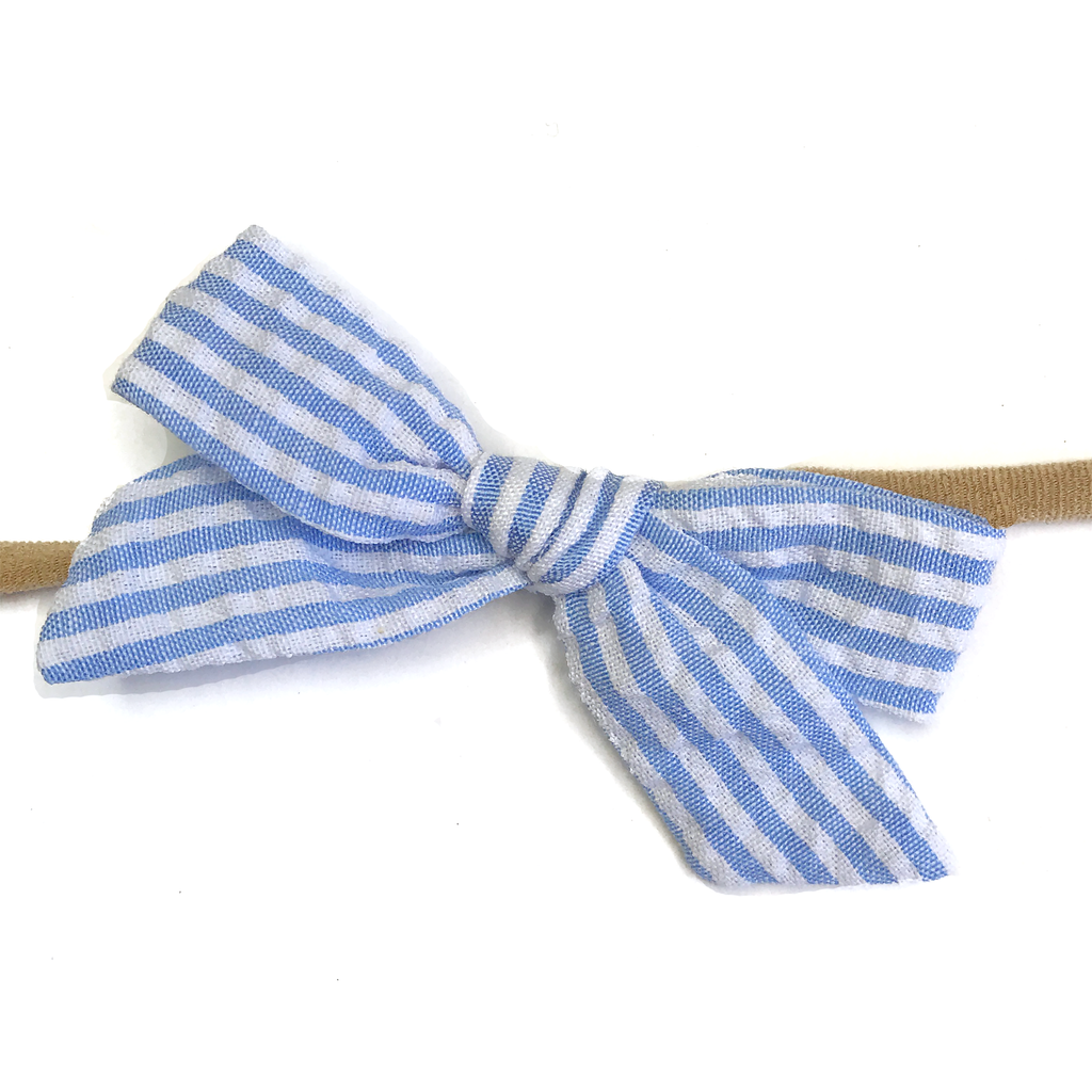 Petite Hand-Tied Bow - Blue Seersucker