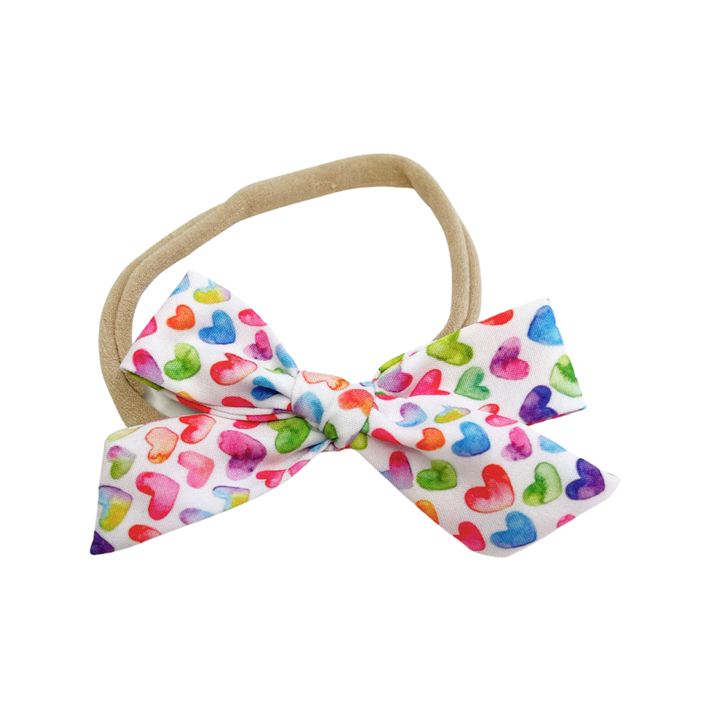 Petite Hand-Tied Bow - Colorful Watercolor Hearts on White