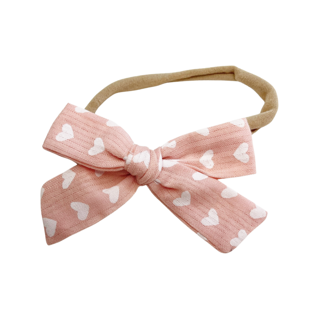 Petite Hand-Tied Bow - Light PInk with White Hearts