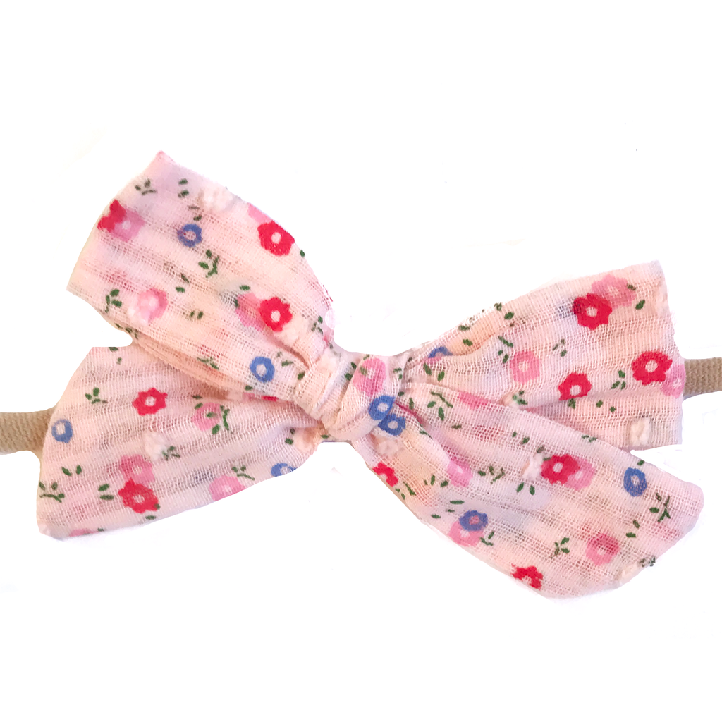 Petite Hand-Tied Bow - Pale Pink Swiss Dot Floral