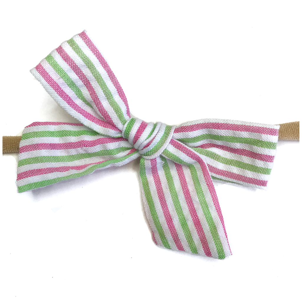 Petite Hand-Tied Bow - Pink and Green Seersucker