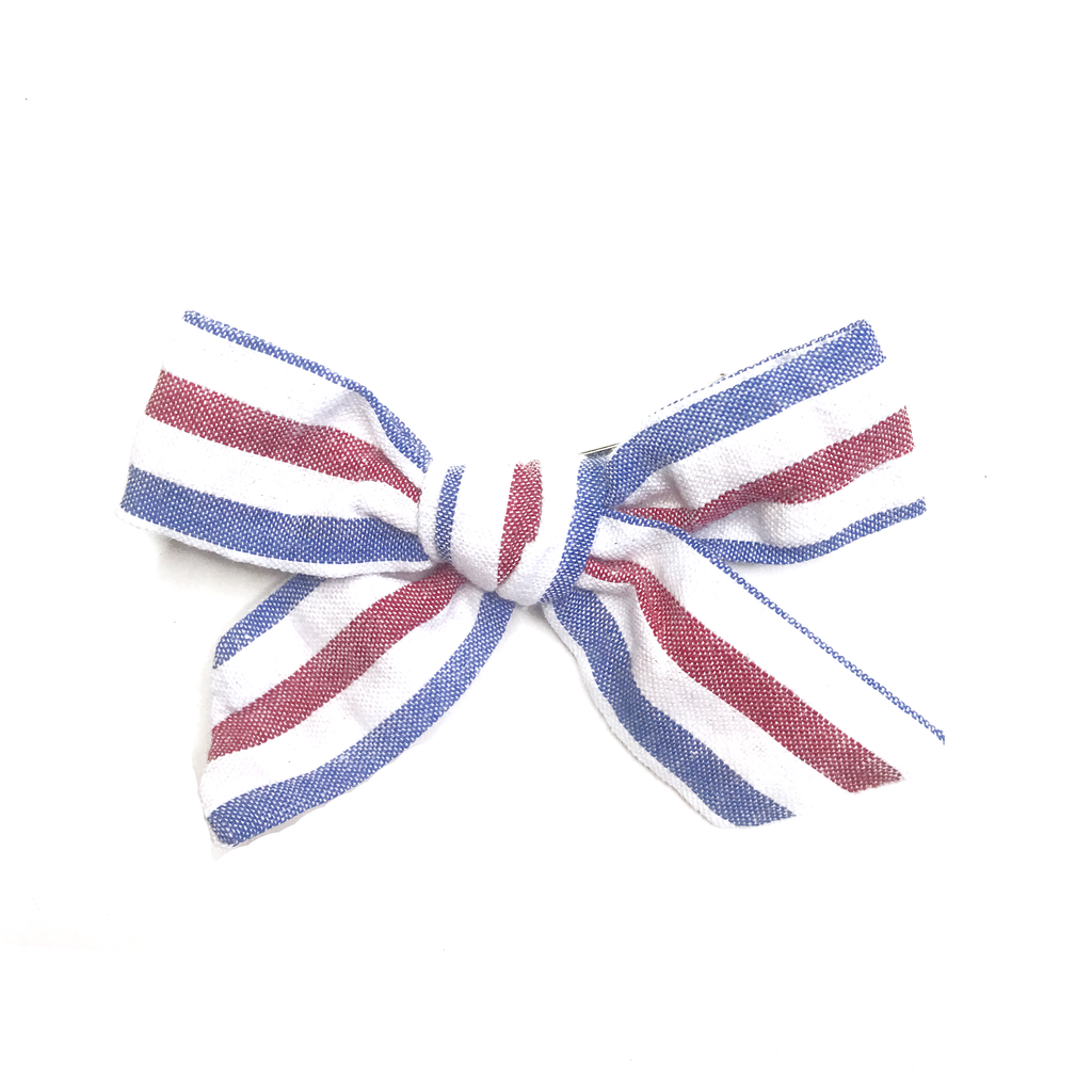 Petite Hand-Tied Bow - Red, White and Blue Seersucker
