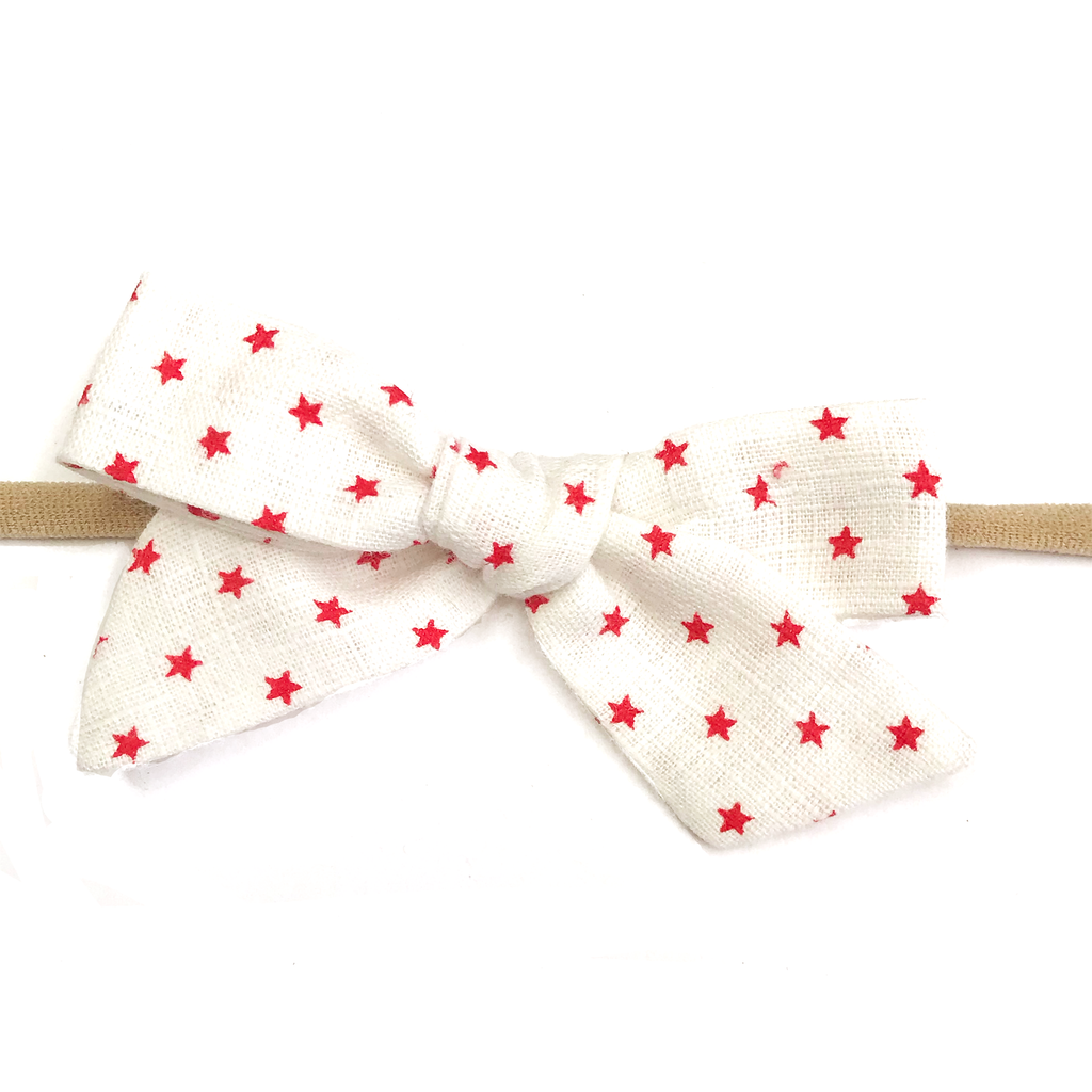 Petite Hand-Tied Bow - White Mini Red Stars