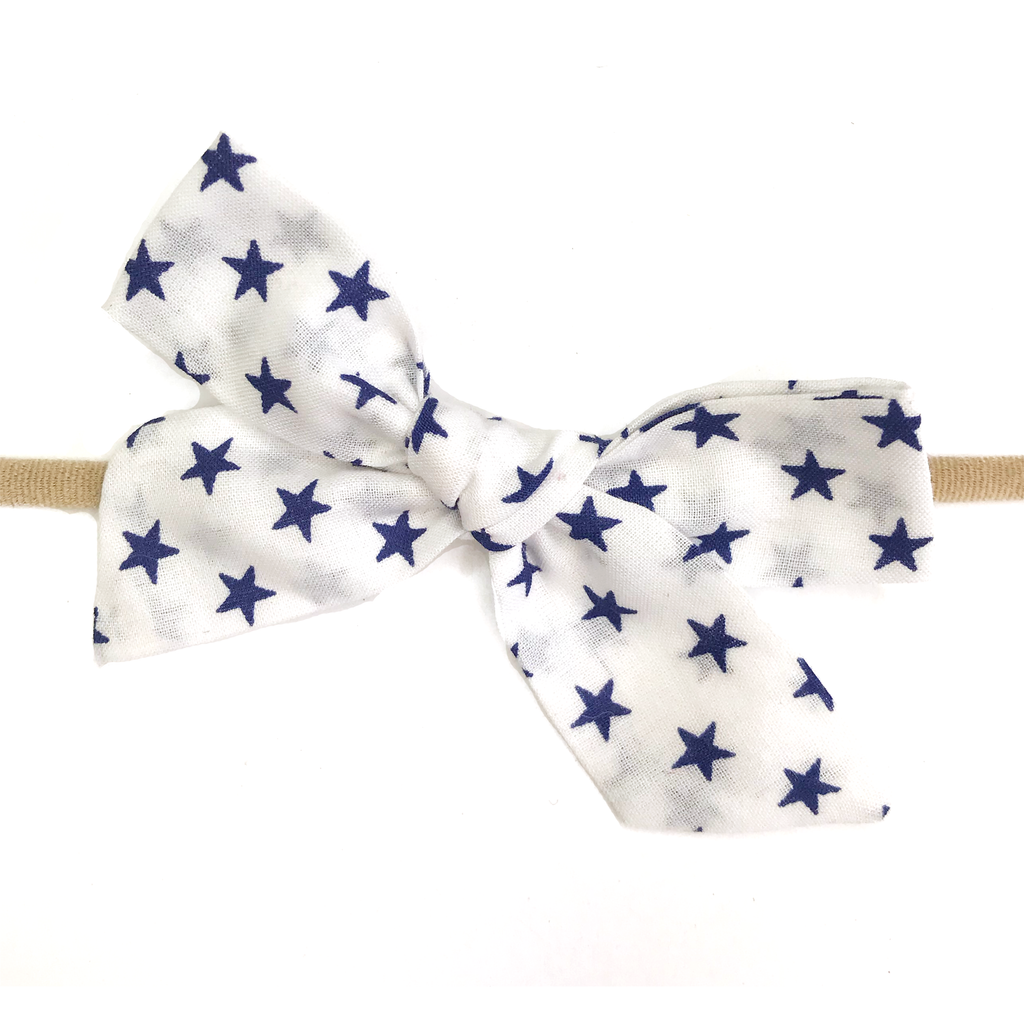 Petite Hand-Tied Bow - White with Navy Stars