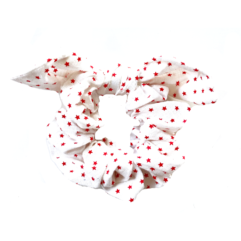 Rabbit Ear Scrunchie- White with Mini Red Stars