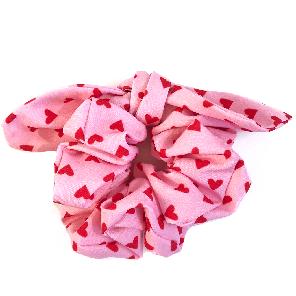 Rabbit Ear Scrunchie- Red Hearts on Pink