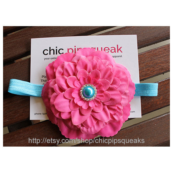 Turquoise and Pink Baby Headband, Baby Headband, Toddler Headband, Newborn Headband, Ivory Flower Headband, Kids Headband, Baby Gift