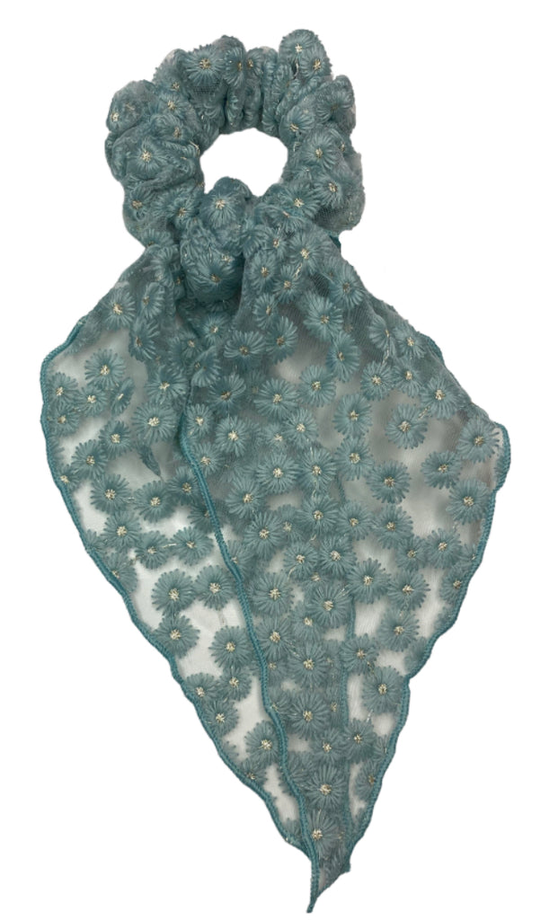 Long Tail Scrunchie - Sheer Light Blue with Gold Flower