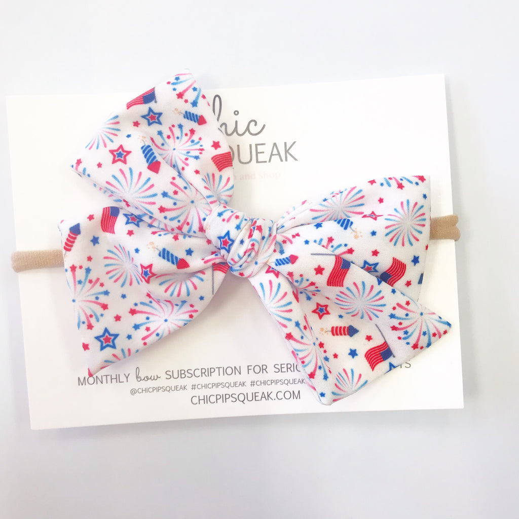 Oversized Hand-Tied Bow- Fireworks on White