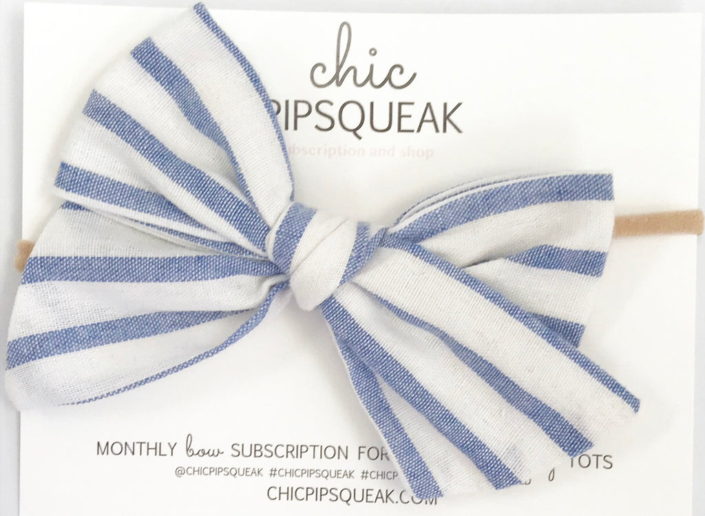 Oversized Hand-Tied Bow- Summer Blue Stripe