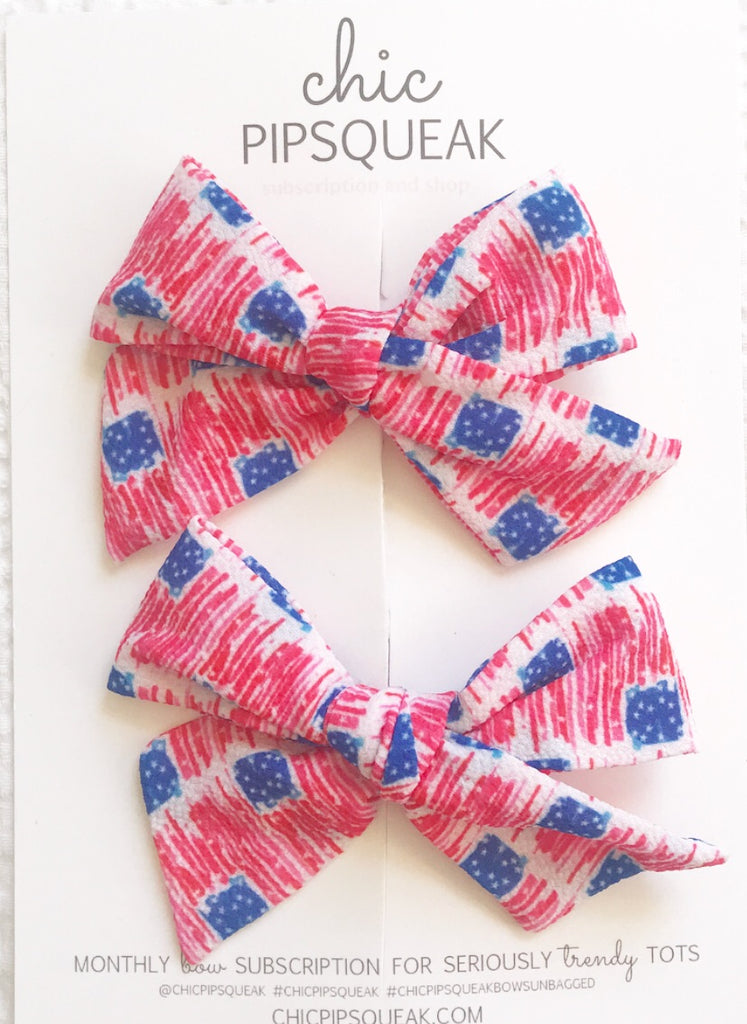 Watercolor American Flag Hand-Tied Bow Pig Tail Set