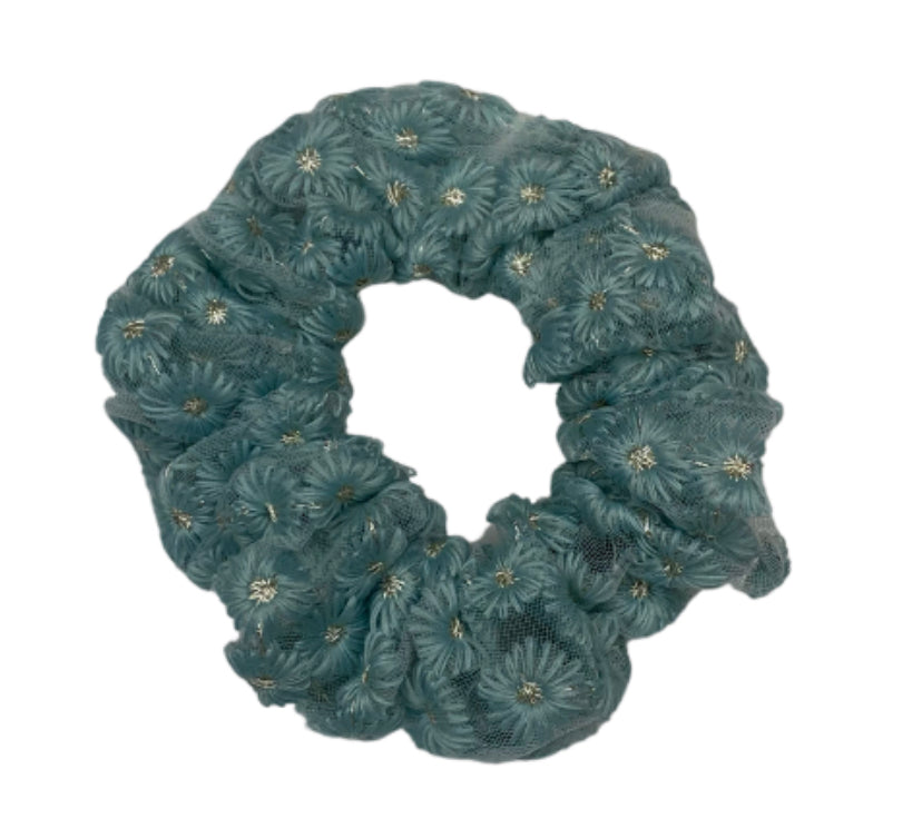 Scrunchie - Light Blue with Gold Flowers